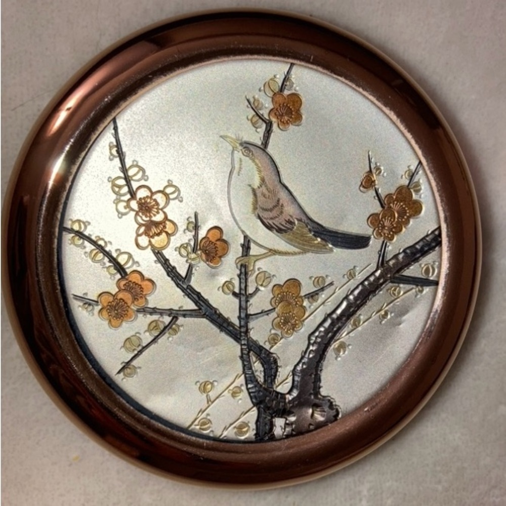 VINTAGE Art of Chokin 24kt gold bird flower round jewelry trinket box from Japan